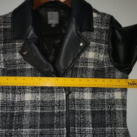 Reitmans Ladies Black & White Plaid with Faux Leather Sleeves & Accents Coat - Picture 8 of 8